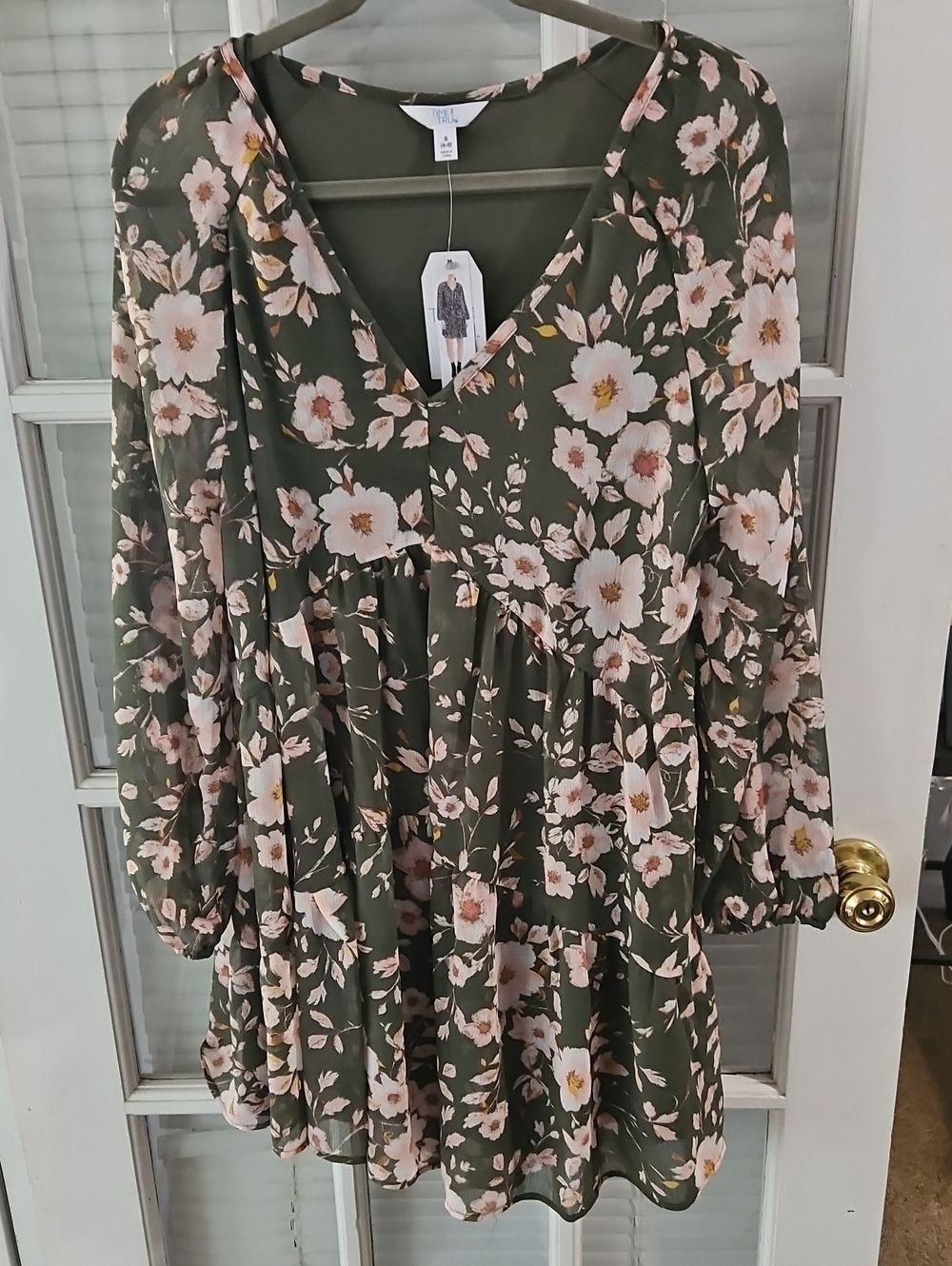 NWT Time and Tru Olive Green Floral Lined Dress. Sz S
